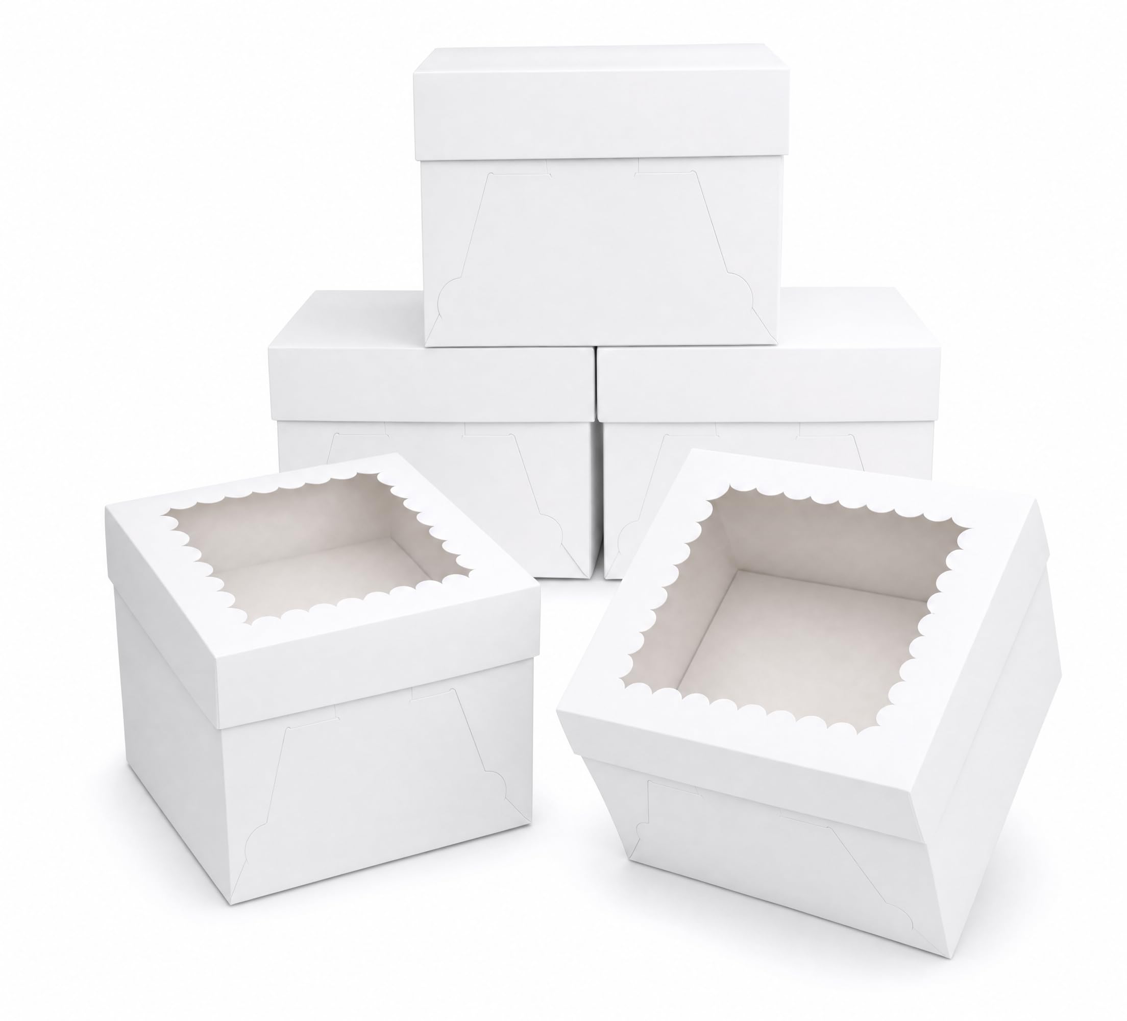 Kviceo 10 Inch Cake Board and Box – 5 Pack 10x10x5 Inch Cake Boxes with Window and Lid – Disposable Bakery Boxes for Cakes, Donuts, Pies, Cookies – No Tray – Birthday, Wedding, Party Supplies