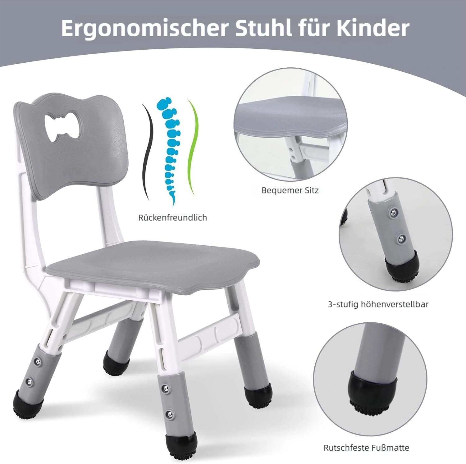 Clevich Kindertisch mit 2 Stühlen, Tisch Stuhl Set, Kindersitzgruppe Höhenverstellbar, Kindermöbel für Kinderzimmer Maltisch Sitzgruppe- Ergonomisch, Multifunktional - Grau