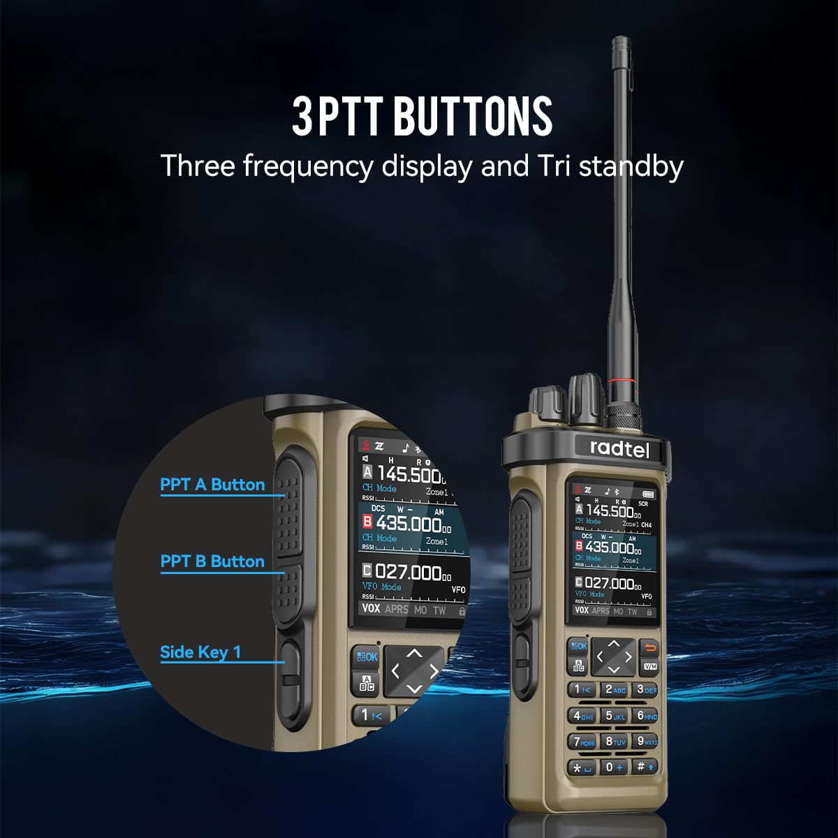 Radtel RT-950 Pro GPS/APRS Talkie-walkie Portable 10 W Longue portée réception SW/MW/LW Bluetooth Jaune Sable