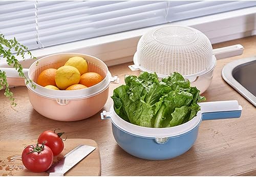 Miniatura 5 de Hemoton Juego de 2 coladores de cocina 2 en 1, cuenco de lavado de frutas y verduras, cesta de secado portátil de doble capa con asa para fregadero