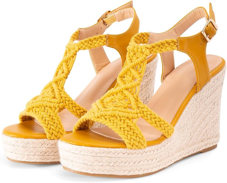 Image of Women's Woven Espadrille Wedge Sandals Bohemian Braided Open Toe Summer Shoes with Adjustable Strap 3.9 inch Platform Heel for Wide Feet, Comfortable Walking