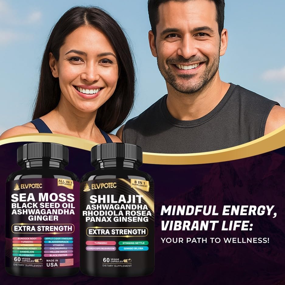 Miniatura 7 de ELVPOTEC Paquete de shilajit y musgo marino - 90 unidades - Musgo marino 7000 mg, aceite de semilla negra 4000 mg, Ashwagandha 2000 mg, jengibre y