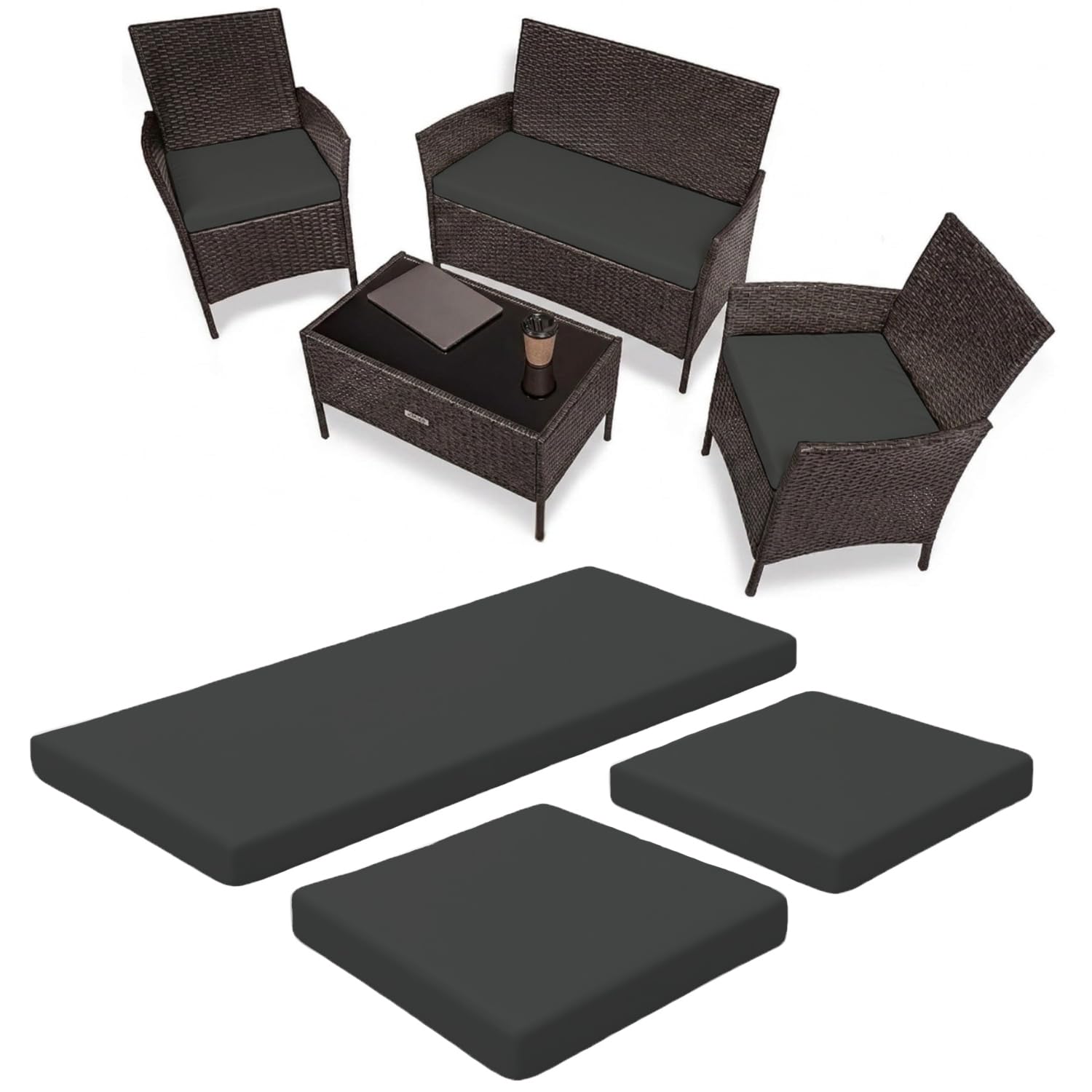 Dazzle Collection 3 Pieces Replacement Cushions Set For Rattan Chairs Sofa Patio Seat Pads Waterproof Outdoor Garden Furniture Comfy Cushions Lightweight and Durable (Charcoal)