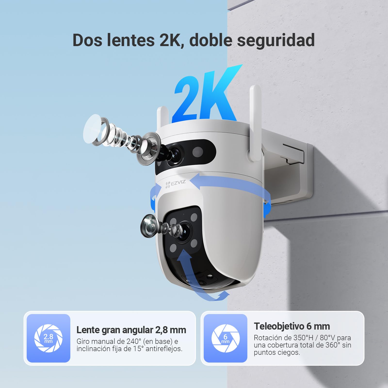 EZVIZ C9C Cámara de Vigilancia Exterior 2K con Doble Lente (3MP+3MP), Cobertura 360°, Visión Nocturna en Color, IA Detección de Personas y Vehículos, Audio Bidireccional, Compatible con Alexa