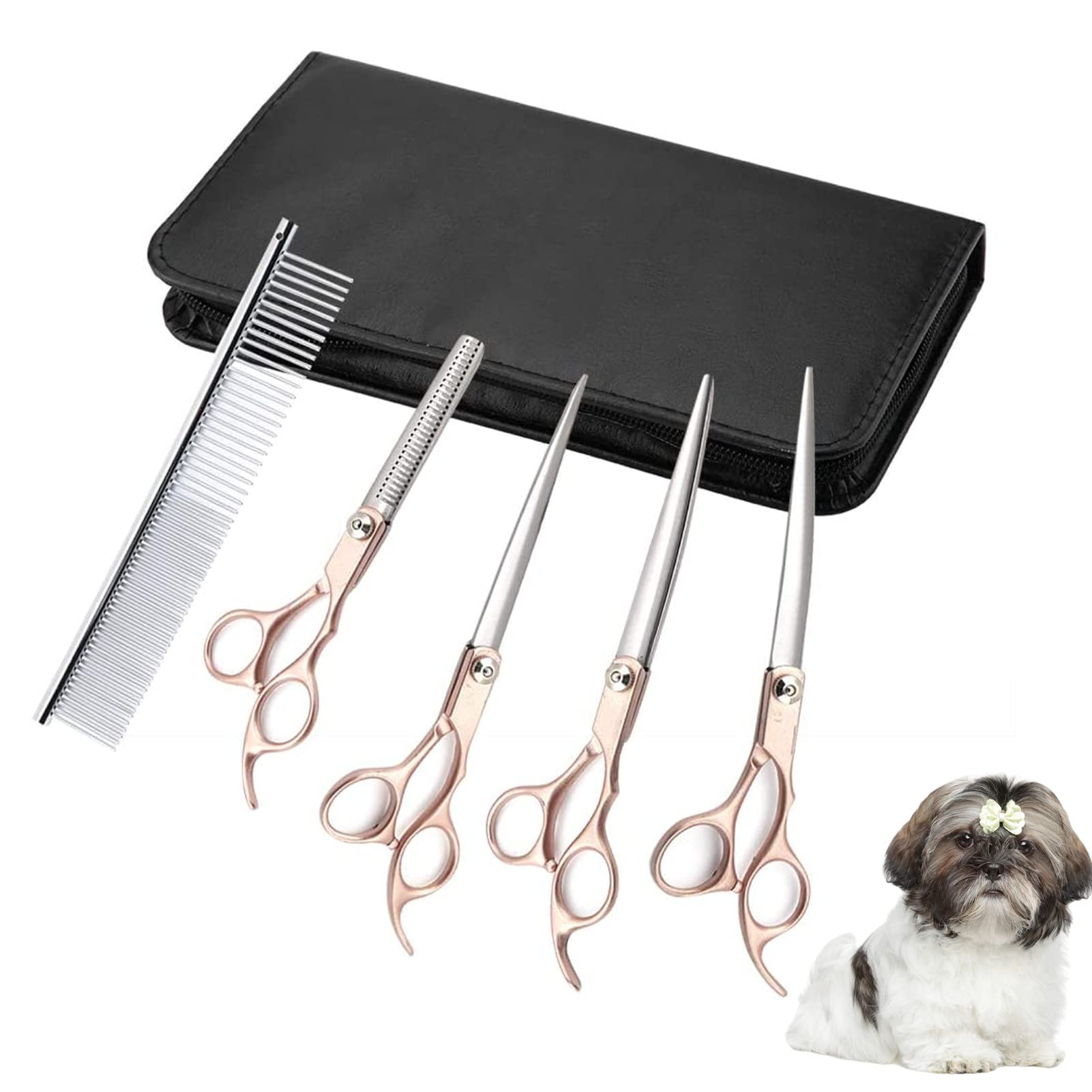 Juego de tijeras para la preparación de mascotas de 4PCS, preparación profesional para mascotas de 7 pulgadas Peluquería Tijeras de corte Manija de oro Tijeras de acero inoxidable para el cuidado del