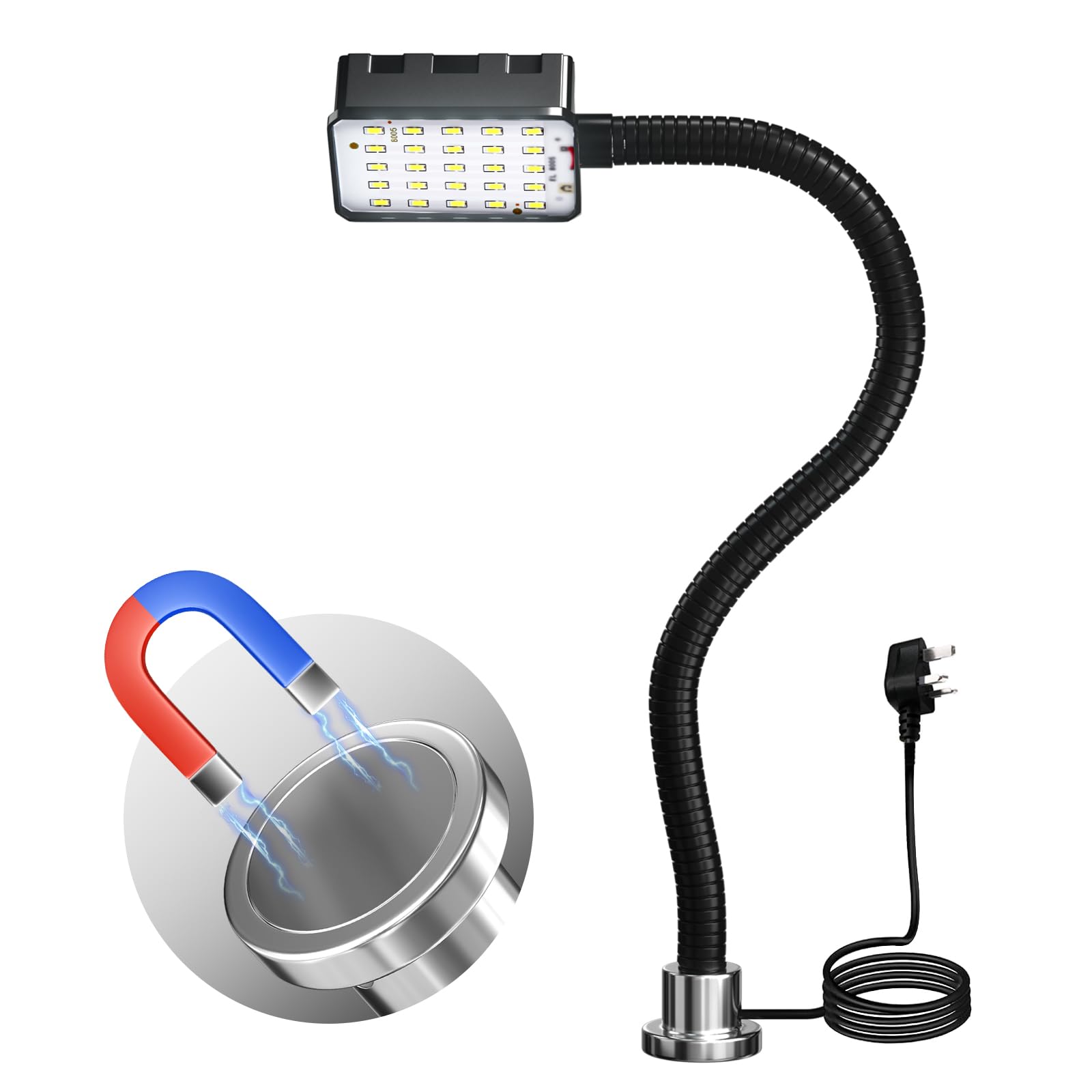 BrightWish Magnetic Work Light, 15W 6000K LED Machine Light with Flexible Gooseneck & Strong Magnetic Base for Workbench, Sewing, Lathe, Grill, Shop, Industrial Lighting (Black-Upgrade)