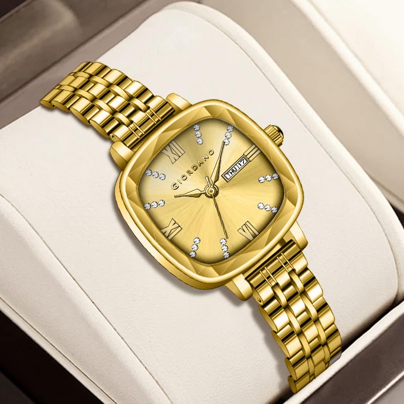 Image of Giordano Elegant Square Rose Gold Watch for Women - Crystal & Roman Hour Markers, Day-Date Display, Stainless Steel Strap