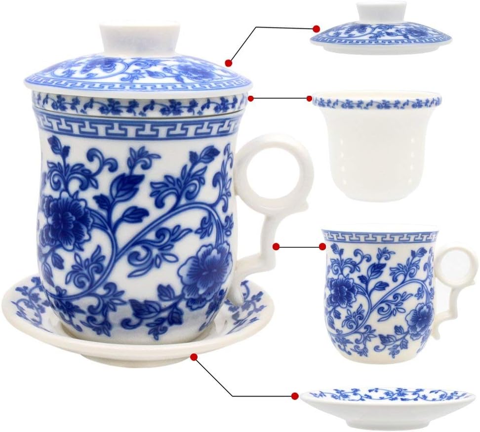  Tea Cup Set With Lid, Infuser and Saucer For Loose Leafs, Blue And White Flower Porcelain