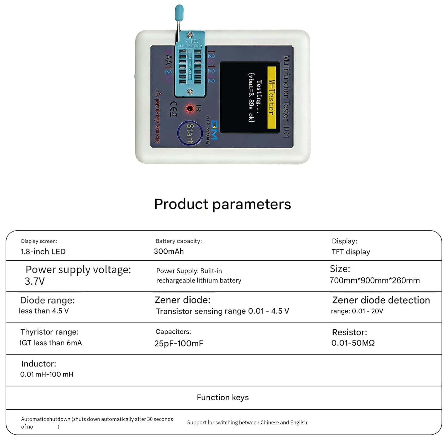 Digital Multifunctional Component Tester with Auto Shutdown and MOSFET IGBT Testing Capability Rechargeable Battery Semiconductor Tester