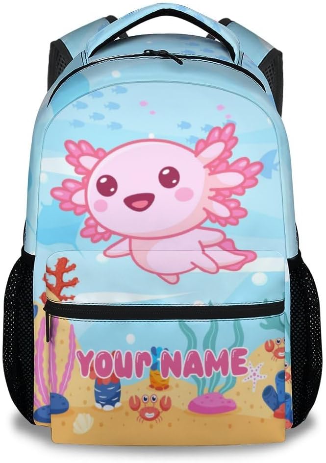 Custom Axolotl Backpack for School, 17 Inch Blue Backpacks for Kindergarten, Cute Lightweight Durable Bookbag for Kids