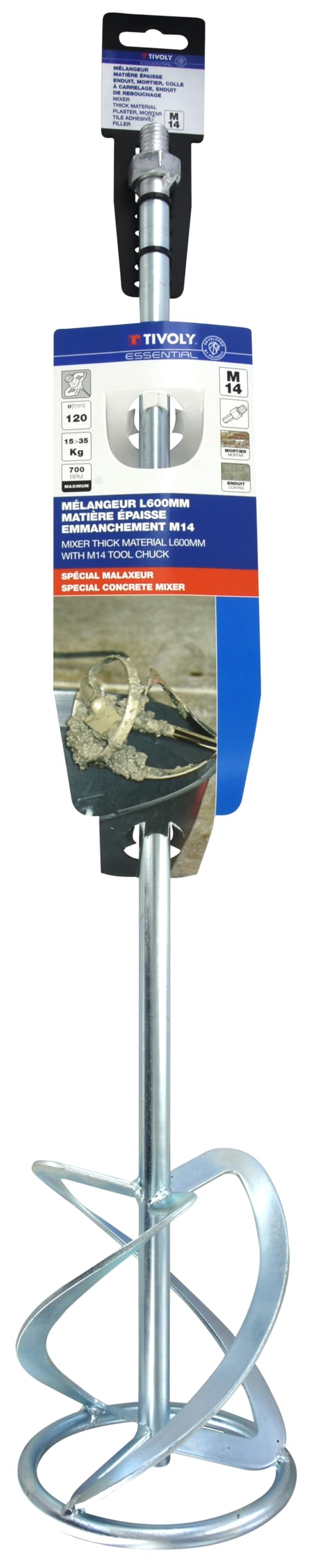 TIVOLY - Mélangeur Matières Épaisses M14 pour Malaxeur - L600mm - Ø120mm - Tige Acier Carbone - Robuste et Efficace