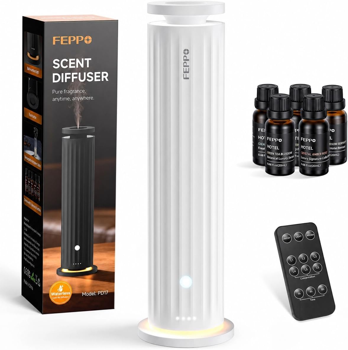 FEPPO Waterless Diffuser, Essential Oil Diffuser for Home Hotel Office – Cold Air Aroma Diffuser Starter Kit with 5×20mL Hotel Scent Oils, 6 Scent Levels, Quiet Aromatherapy Diffuser, 1000+ Sq Ft FEPPO Waterless Diffuser, Essential Oil Diffuser for Home Hotel Office – Cold Air Aroma Diffuser Starter Kit with 5×20mL Hotel Scent Oils, 6 Scent Levels, Quiet Aromatherapy Diffuser, 1000+ Sq Ft