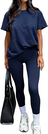 YETOWA Womens 2 Piece Loungewear Sets High Waisted Loose Short Sleeve T Shirt Long Pants Soft Stretchy Casual Outfit