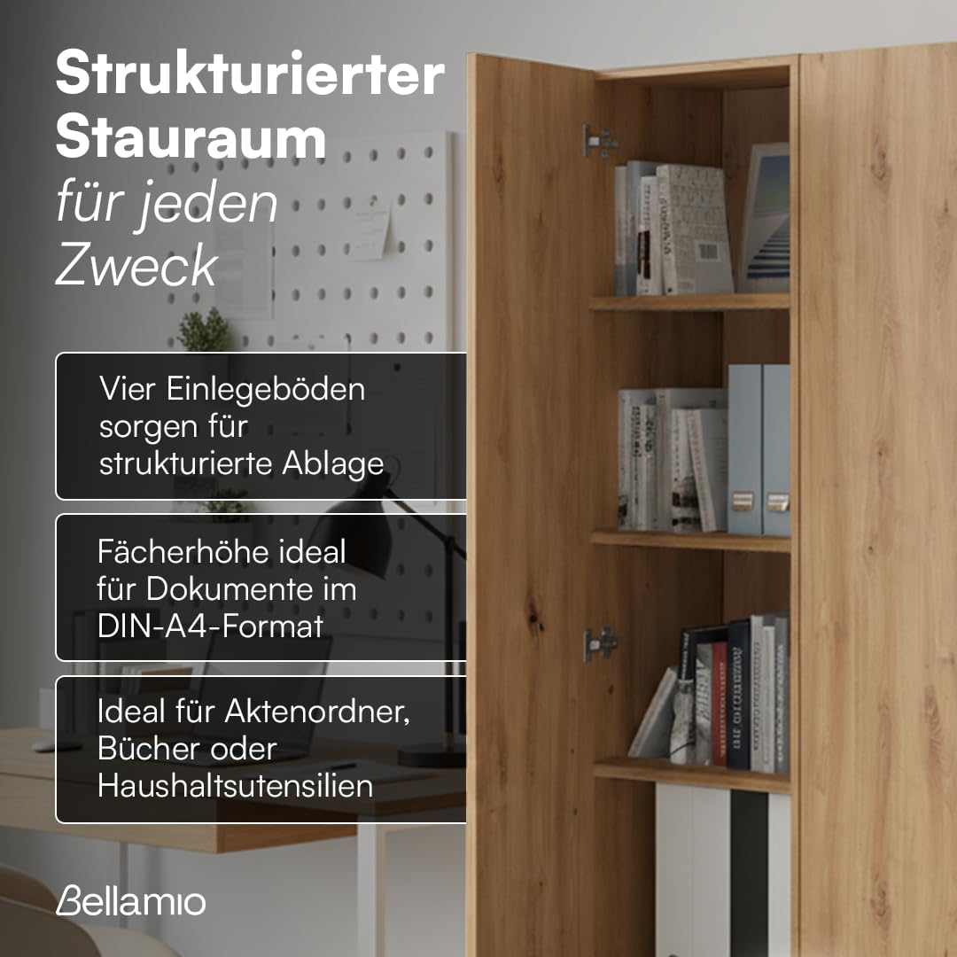 Bellamio Apol Aktenschrank 40 cm, mit 5 Fächern, Eichenoptik aus Holz | Mehrzweckschrank breit, Hochschrank schmal, Aufbewahrungsschrank & beidseitig montierbare Tür, Büroschrank, Flurschrank