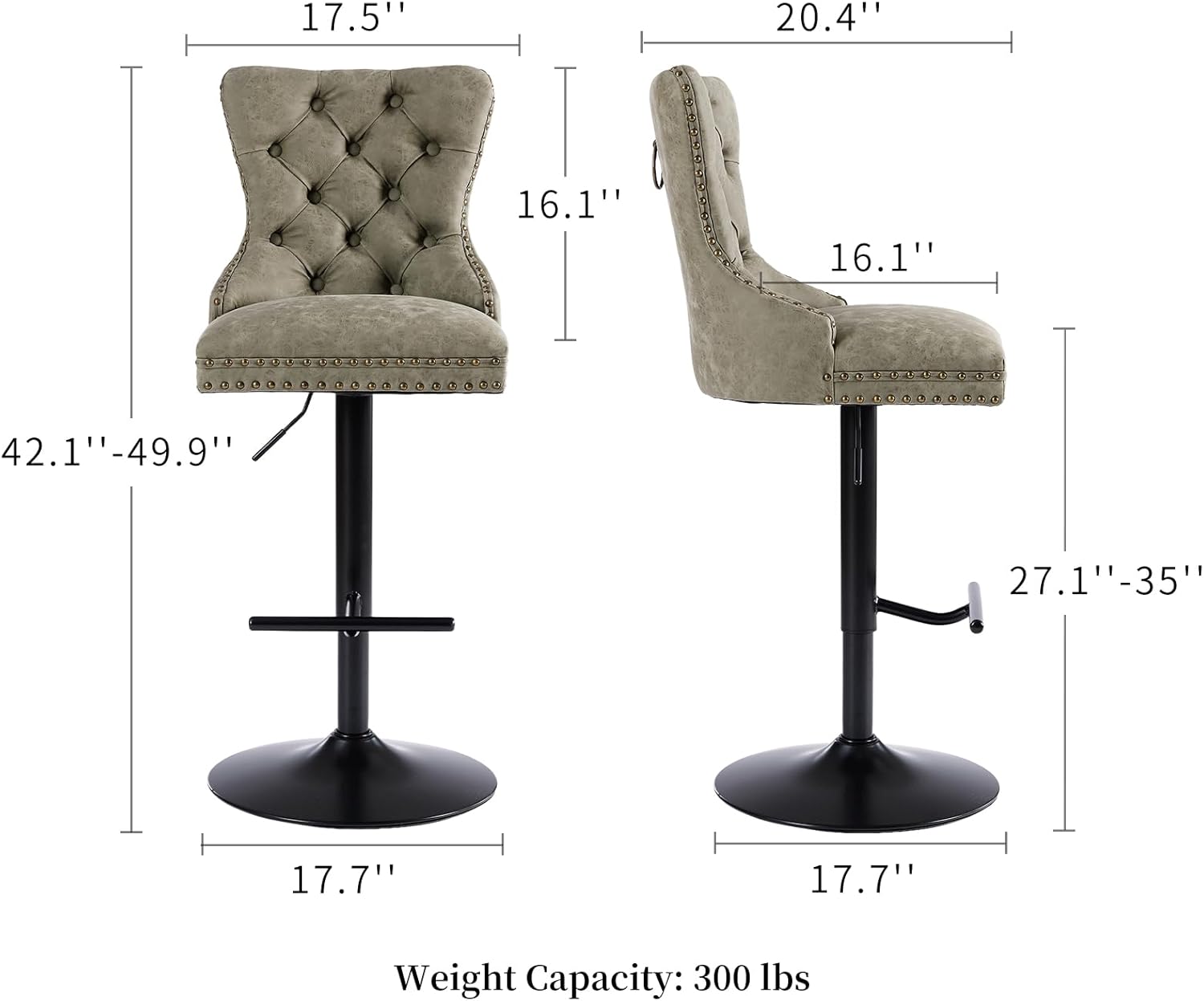 Adjustable PU Leather Bar Stools with Button-Tufted Back and Nailhead Trim, Swivel Counter Height Bar Chair for Home Pub or Kitchen Island, Easy Assembly, Olive Green, Set of 4