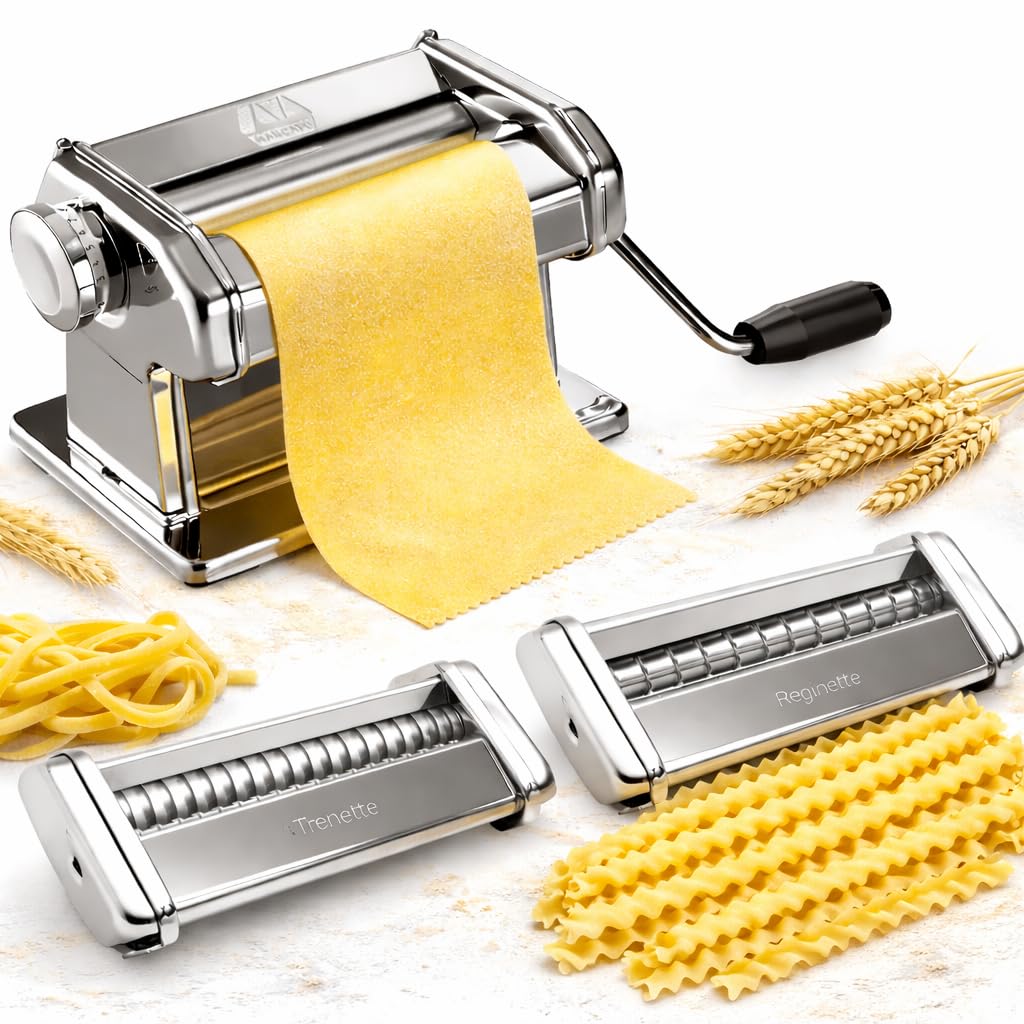 Marcato Atlas 150 Macchina per la Pasta + Accessorio Reginette e Trenette, Pasta Maker, Tirapasta in Acciaio Cromato, 10 Spessori, Compatibile con Motore e Accessori Extra, Made in Italy