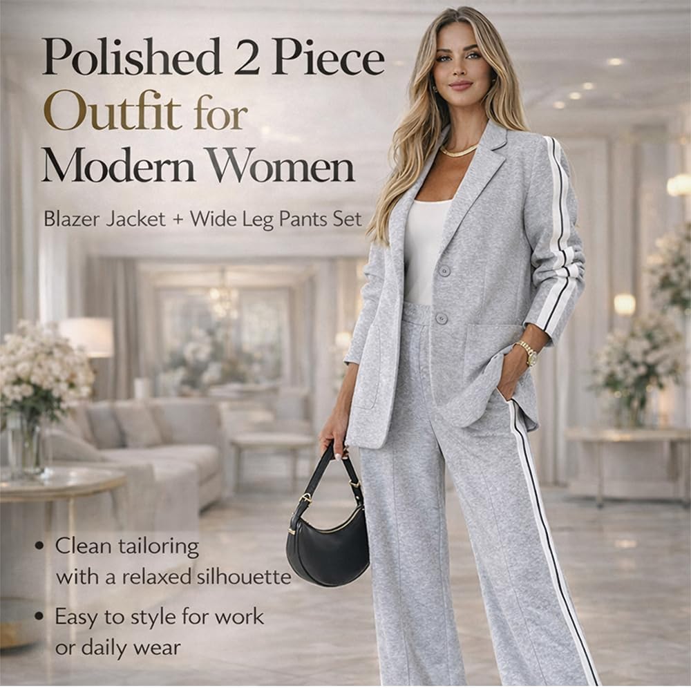 Womens Suit Set 2 Piece Outfits Business Side Striped Blazer Sets, Button Blazer and Matching Pants for Business