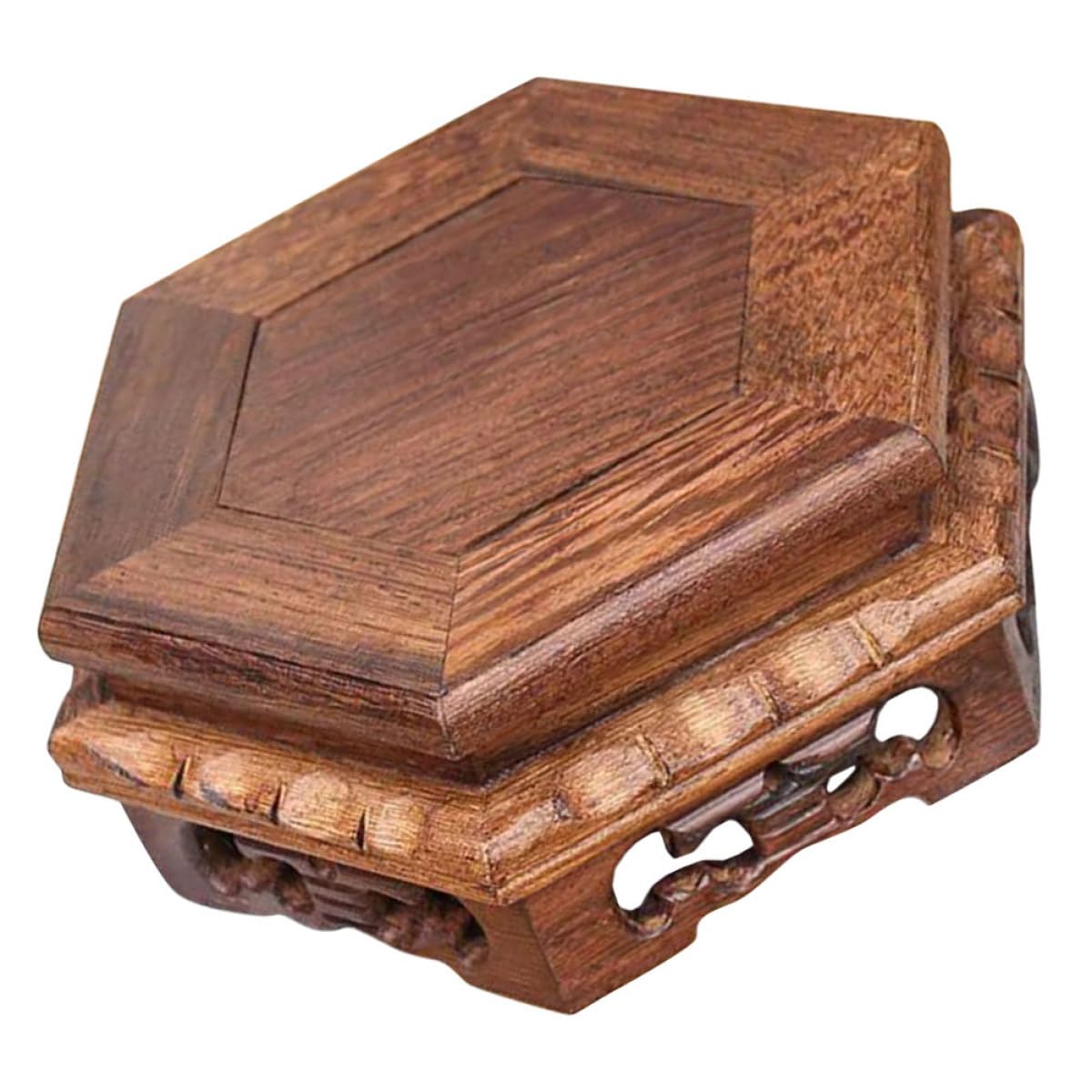 Base de Exhibición Estable y Decorativa de Madera Marrón Hexagonal Diseño Rústico para Tetera y Estatua Budista para Mesa y Oficina