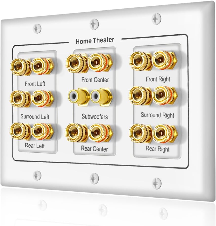 5 6 7.1/7.2 or 8.1/8.2 One or Two Subwoofer Compatible 16 Banana Post and 2 RCA Speaker Wall Plate for Home Theater Audio