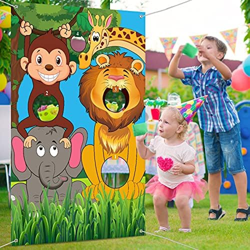 Safari Animals Toss Games Banner with Bean Bags Jungle Wild Animals Backdrop Zoo Animals Photo Background Funny Animals Toss Game for Kids Birthday Party Supplies