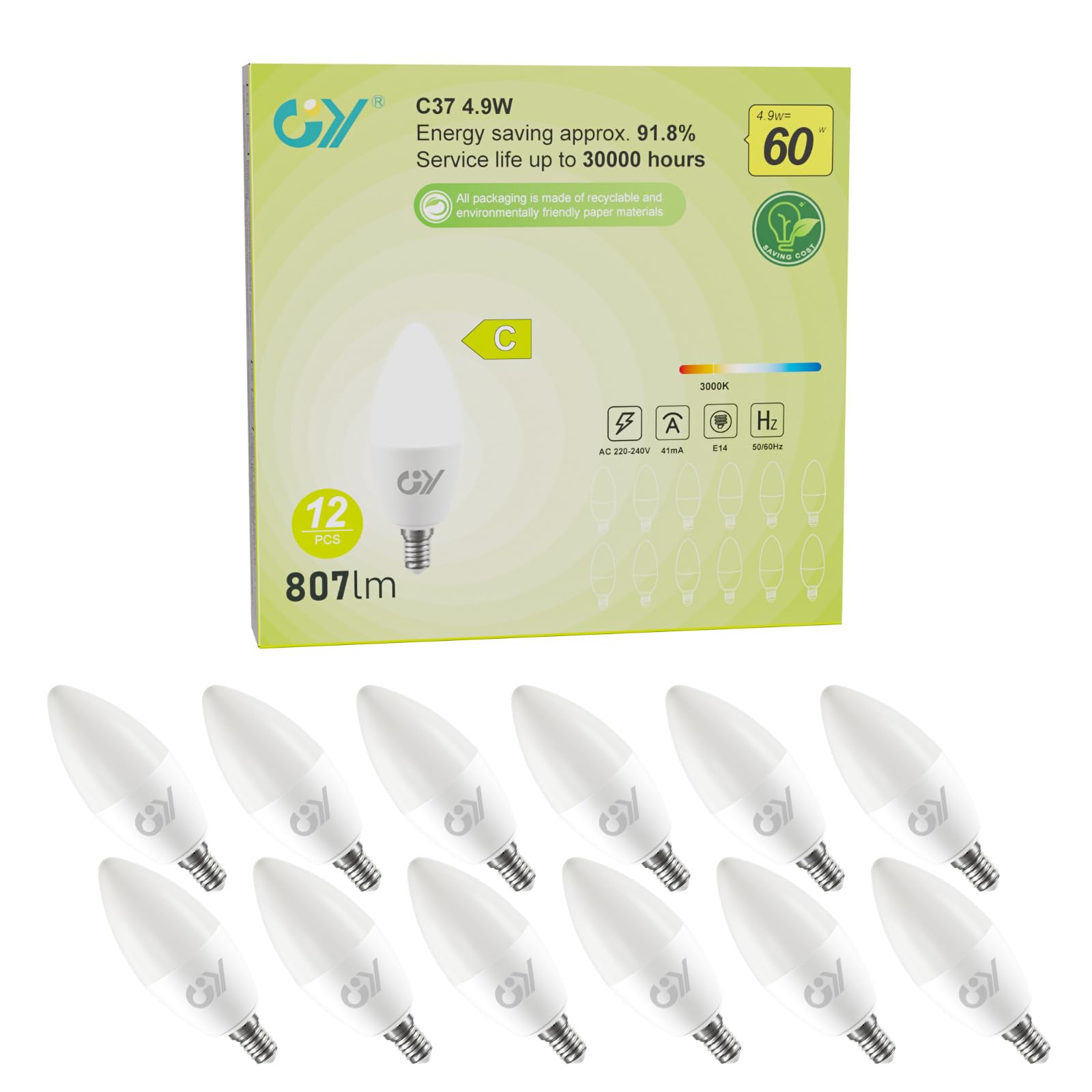 GY GY E14 LED Bulb Small Edison Screw SES Candle Energy Efficiency Bulb, 3000K Warm White 4.9W 807 Lumens, Equivalent to 60W, 280° Beam Angle Non-Dimmable, Pack of 12