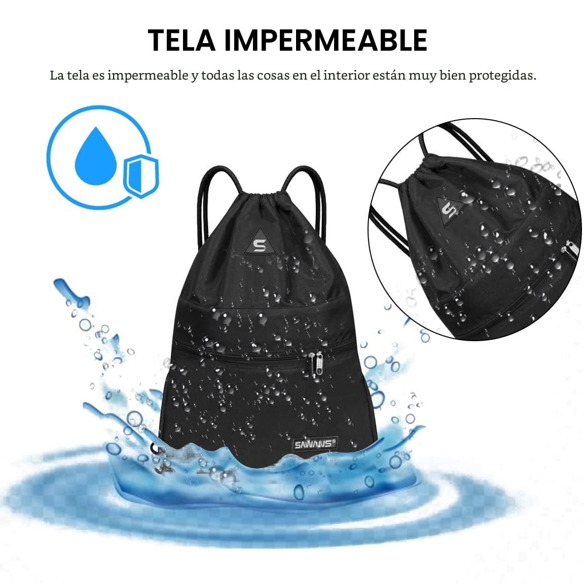 SAWANS Bolsa deportiva de gimnasio con cordón, bolsa impermeable con bolsillo para mujeres y hombres, kit de viaje para senderismo, escuela, estudiantes, bolsa de polietileno al aire libre (Negra)