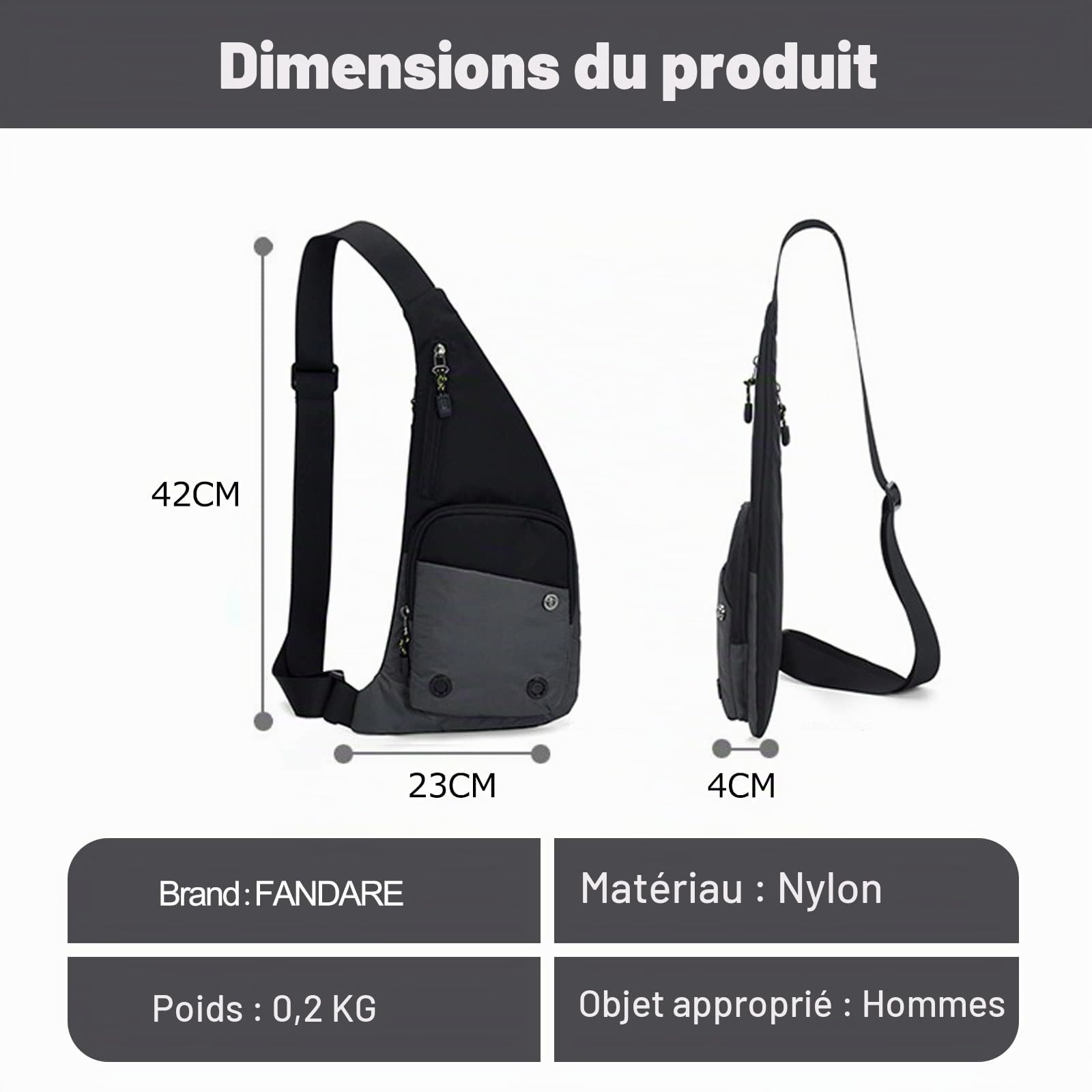 FANDARE Sac Poitrine Femme Sacs à Dos porté Travers Homme Sacs Bananes de randonnée Sacs de Sport bandoulière Sacs à Main portés épaule Femme Sacoche Voyage Sports Travers Sac d'Epaule Gris foncé