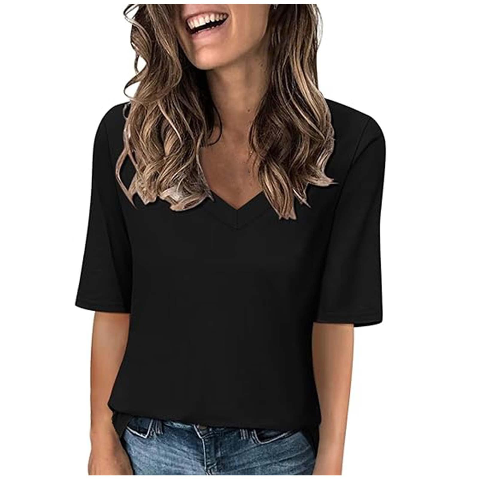 Womens T Shirts Summer Casual V Neck Half Sleeve Tops Loose Basic Tshirts Summer Solid Color 1/2 Sleeve Tunic Tee Shirts Comfy Fit Plain Sport Blouses Ladies Blouses Going Out Tops Daily Wear