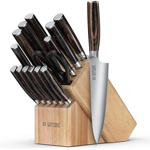 Yatoshi 15 Piece Knife Block Set - Pro Kitchen Knife Set Ultra Sharp High Carbon Stainless Steel with Ergonomic Handle