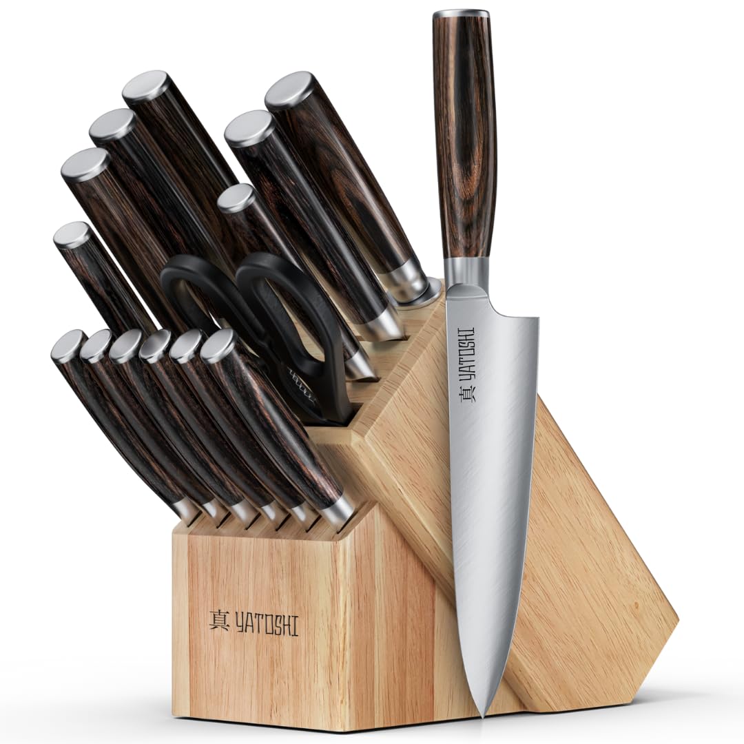 Yatoshi 15 Piece Knife Block Set - Pro Kitchen Knife Set Ultra Sharp High Carbon Stainless Steel with