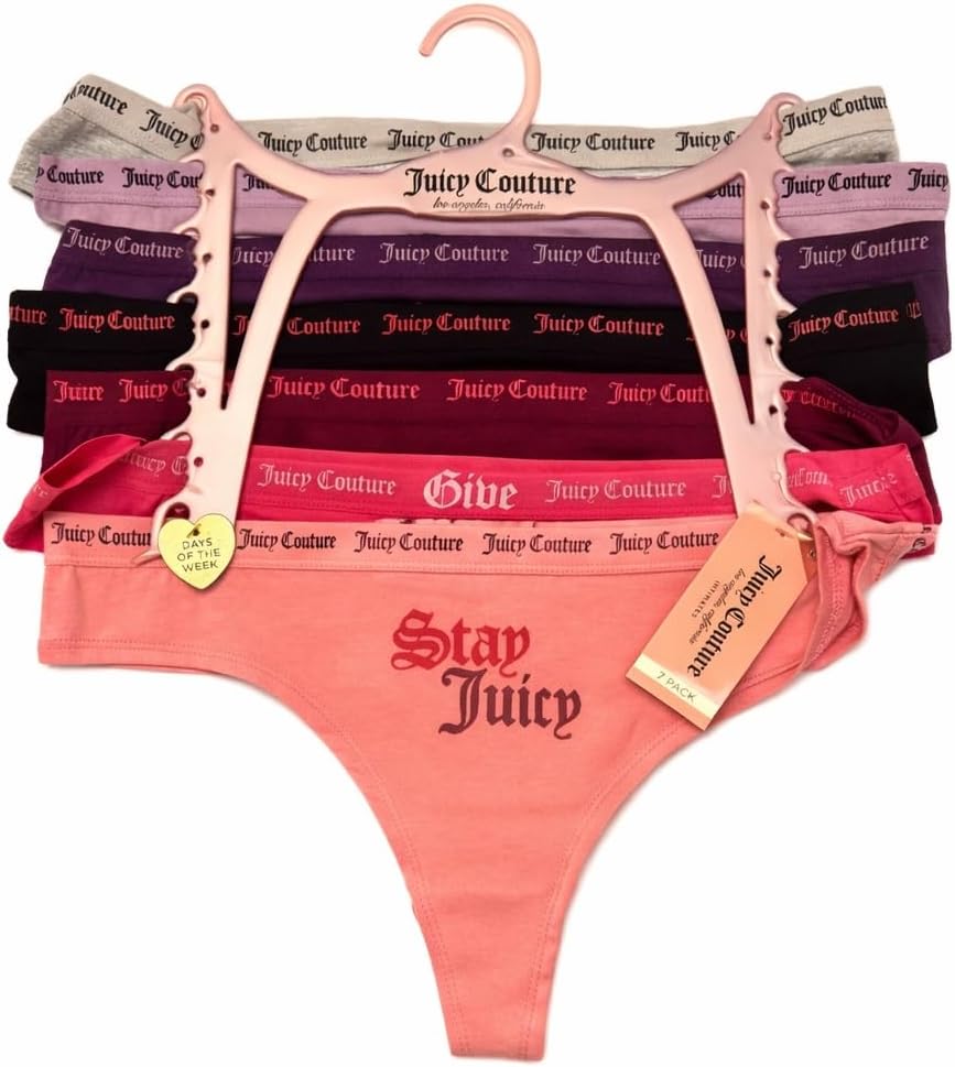 Juicy Couture Women's Thong Underwear, Assorted Colors and Designs, Cotton Spandex Blend, 7 Pack