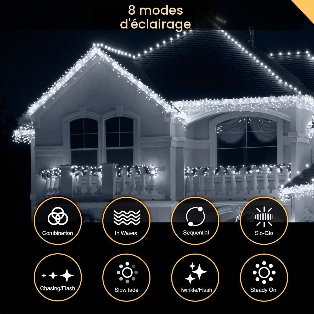 ANSIO® Guirlande Lumineuse 17.4m 500 LED Blanc Froid Guirlande Stalactite de Noel d'Extérieur et Intérieur Idéales pour Fenêtre, d’un Jardin | électrique Guirlande | Câble Transparent
