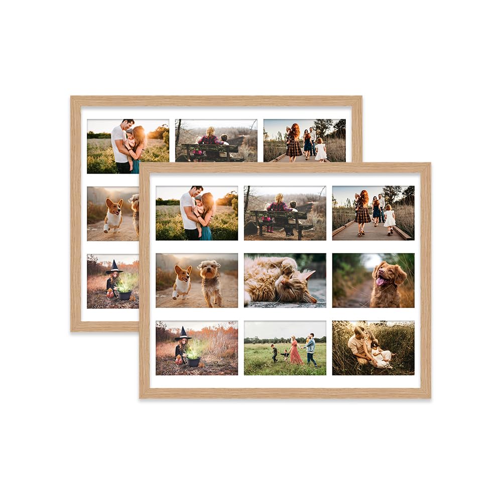 Oak Multi Photo Frame - Holds 9 x 6x4 Pictures, Family Collage Picture Frame for Wall Display, 20x16 Frame size, Set of 2
