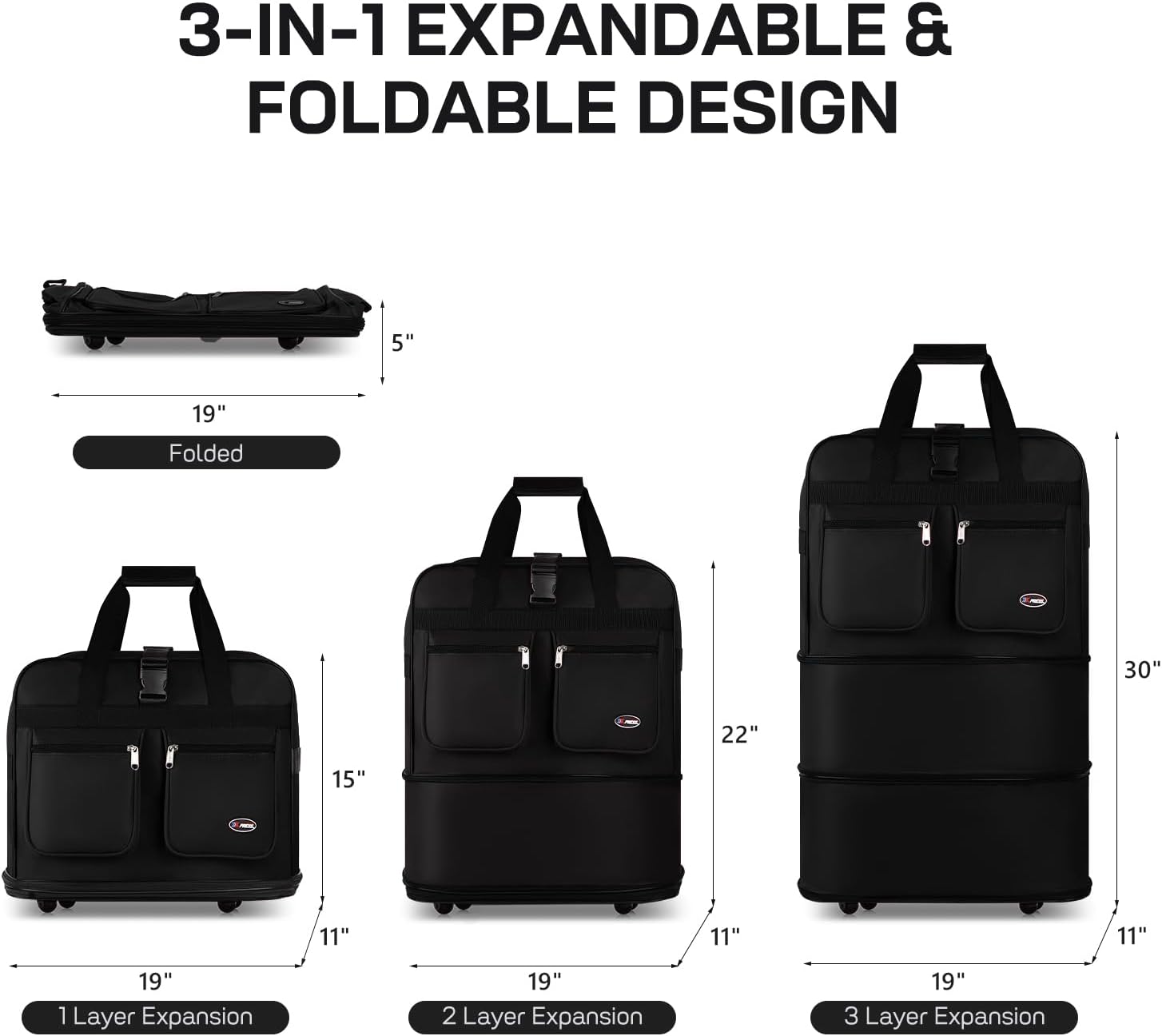 30''36''40''Rolling Wheeled Duffel Bag Suitcases with Wheels Expandable Foldable Luggage Bag Rolling Travel Bag Duffel Bag for Men Women#Black,30