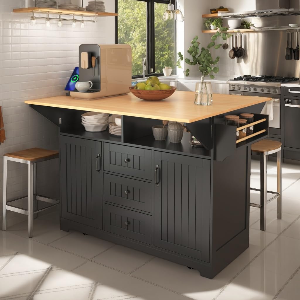 ABBSR Kitchen Island on Wheels with 2 Drop Leaf Countertop for 4-6 People, Barn Door Island Table with Power Outlets, 3 Drawers, Storage Cabinet for