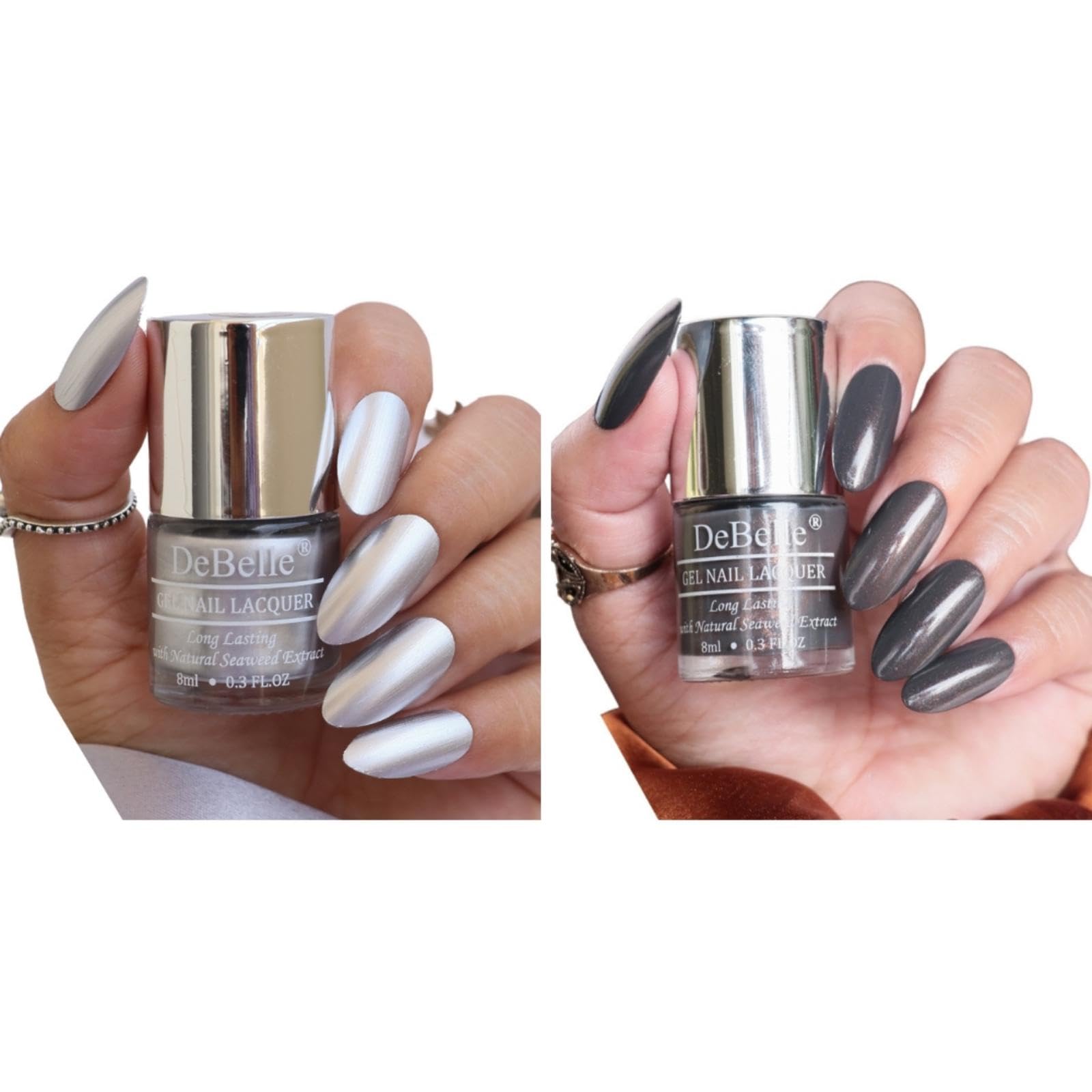 DeBelle Gel Nail Polish Combo Pack of 2 Metallic Silver(Chrome Silver), Dark Grey(Copper Glaze) 16 ml(8ml Each)