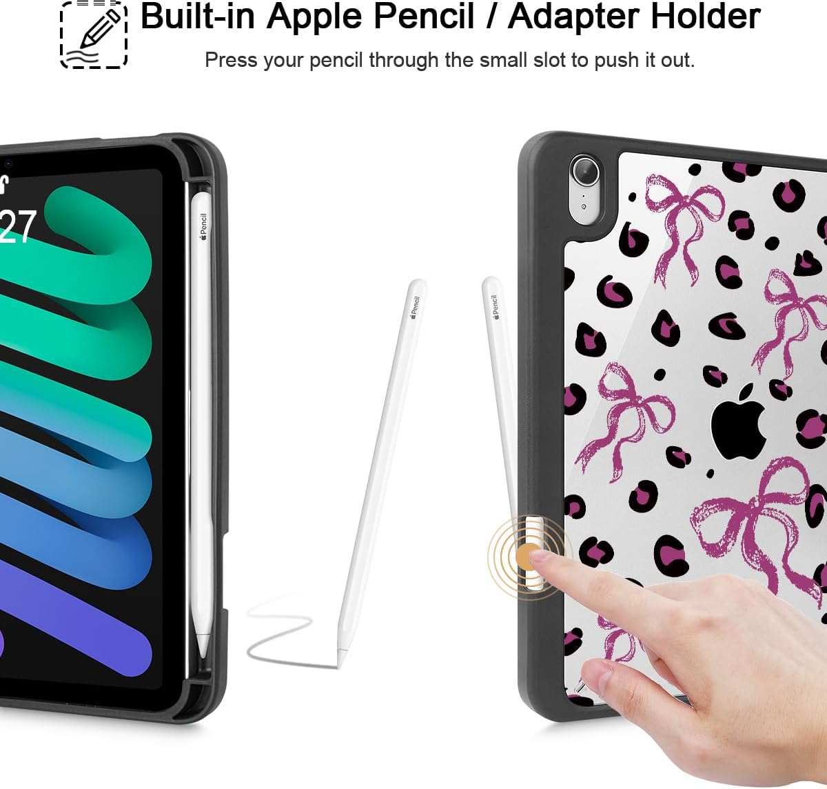 Mektron Printed Case for iPad mini 7 (A17 Pro) 2024/ Mini 6 2021, iPad mini 7th/6th Generation 8.3-inch Liquid Retina Display Cover, Buit in Pencil Holder with Clear Back Shell, Composition Book-Bows