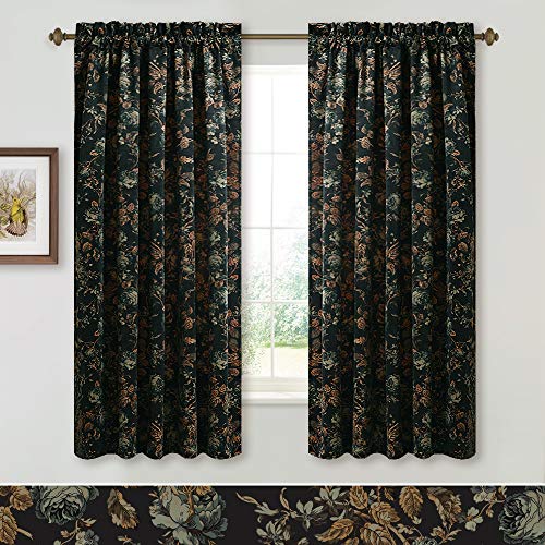 StangH Floral Black Velvet Curtains 63 inch Length, Short Print Vintage Home Decor Drapes Soft Room Darkening Window Treatments for Living Room Office Kitchen, W52 x L63, 2 Panels