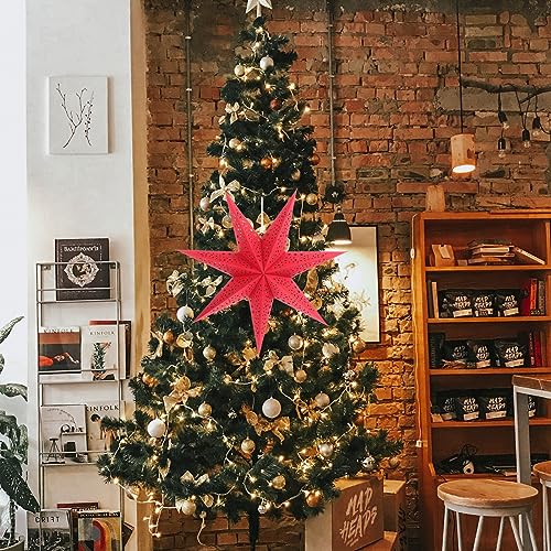 Image of 3PCS Paper Star Lantern Lamp Shade Christmas Stars Hanging Garland Large Hollow Out Xmas Tree Topper Foldable New Year Wedding Party Holiday Birthday Dercoration for Indoor and Outdoor 20in (Red)