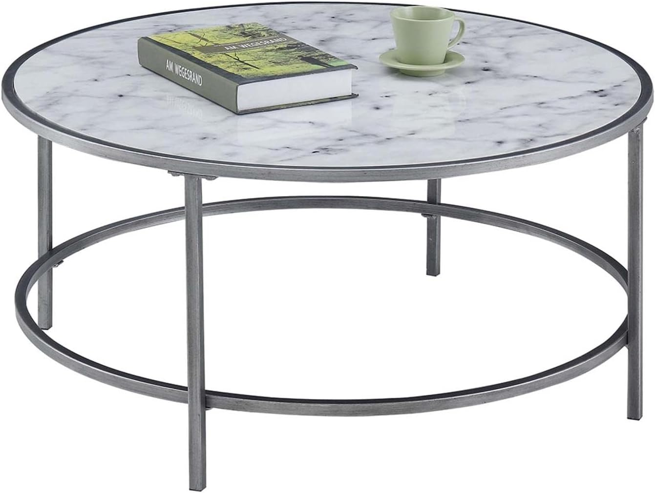 Convenience Concepts Gold Coast Faux Marble Round Coffee Table, White Faux Marble / Silver Frame