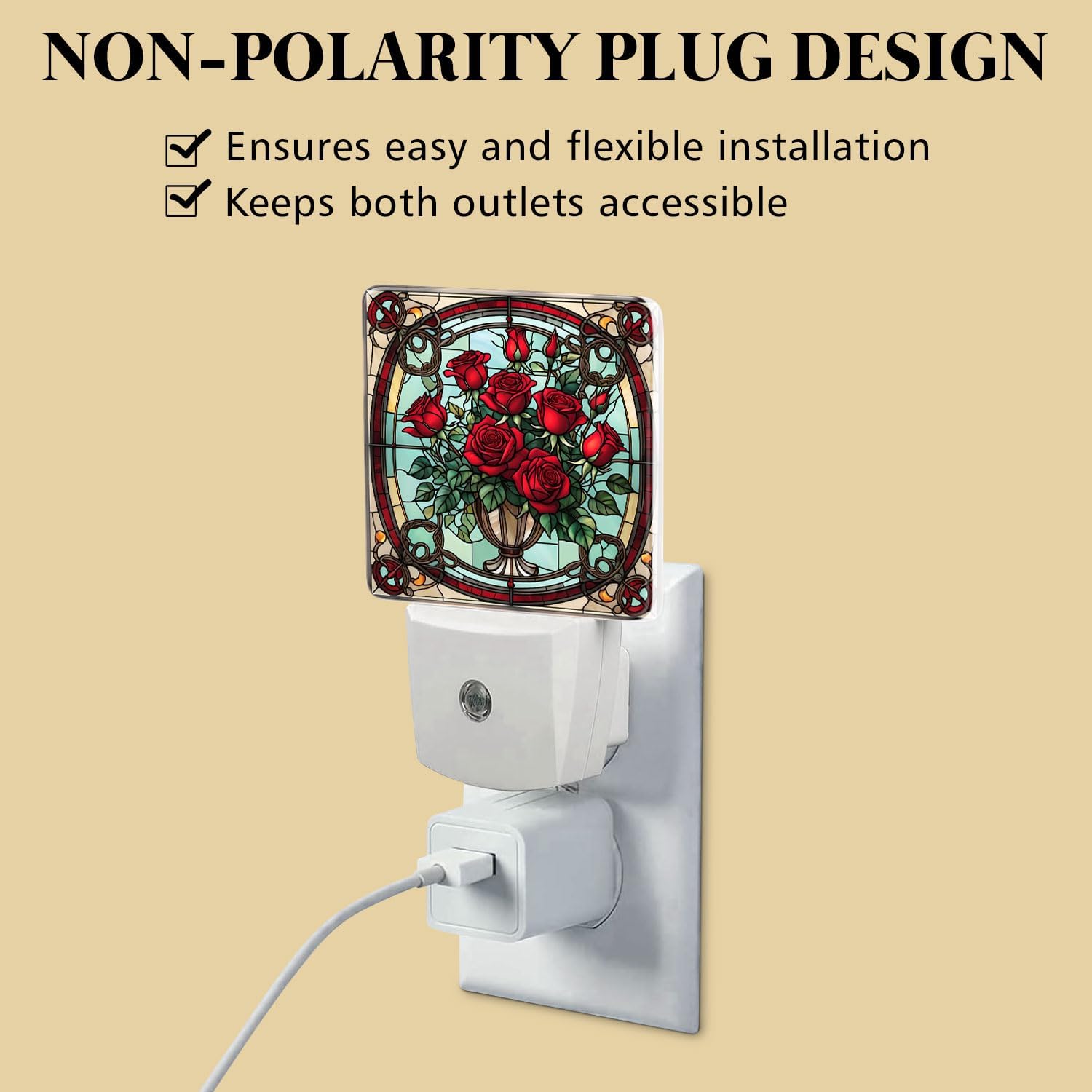 Rose Stained Glass Night Lights Plug into Wall for Room, Rose Night Light LED for Bedroom