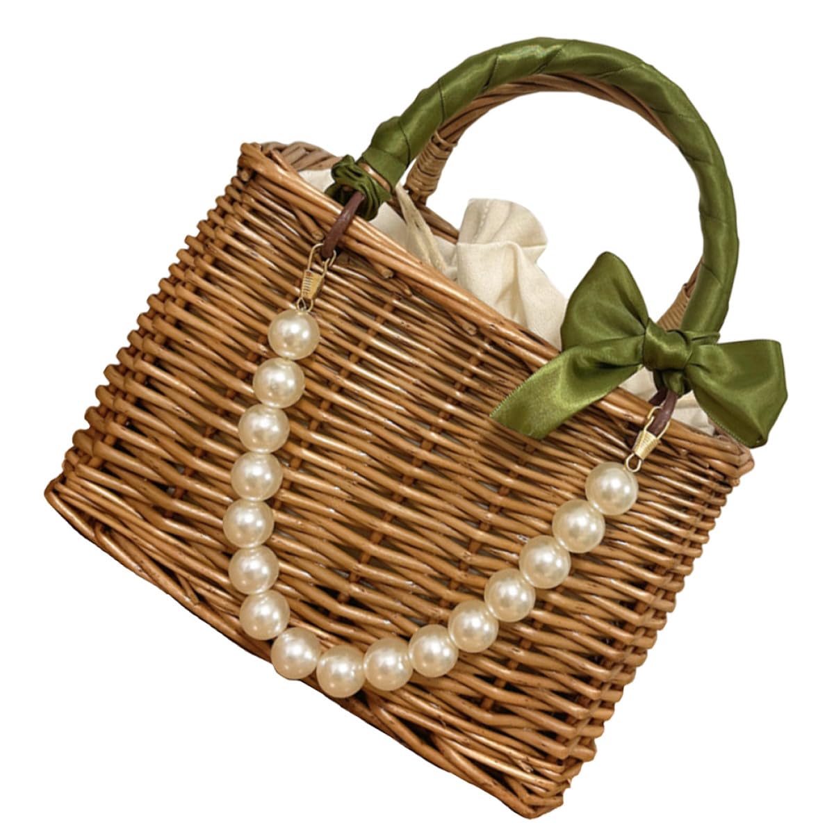 Borsa da Spiaggia Intrecciata in Vimini Catena di Perle e Nastro, Capiente e Leggera, lo Shopping e Uscite Estive
