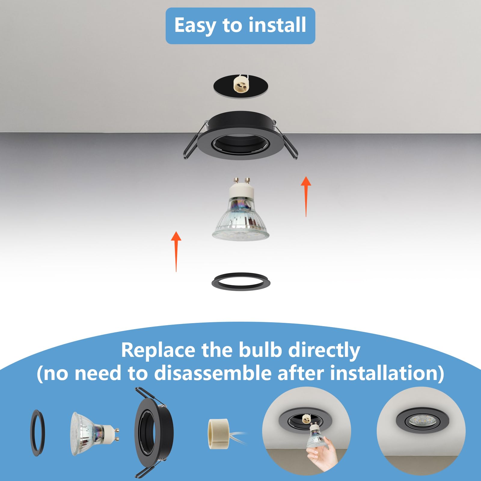 Marco Foco Empotrable GU10 Aluminio Negro Orientable Downlight LED Empotrable Ojo de Buey de techo con Portalámparas GU10 68mm Para Lámparas De Led O Halógena, Redondo 60-75mm 230V 12 Pack