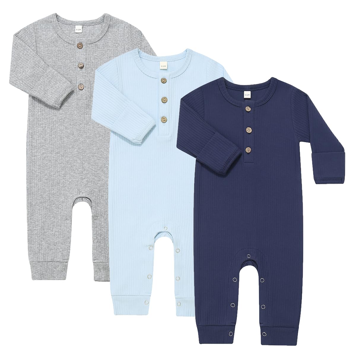 Bafeicao Baby Boy Girl 3 Pack Solid Romper Ribbed Cotton Long Sleeve Jumpsuit Infants Outfits Clothes with Mitten