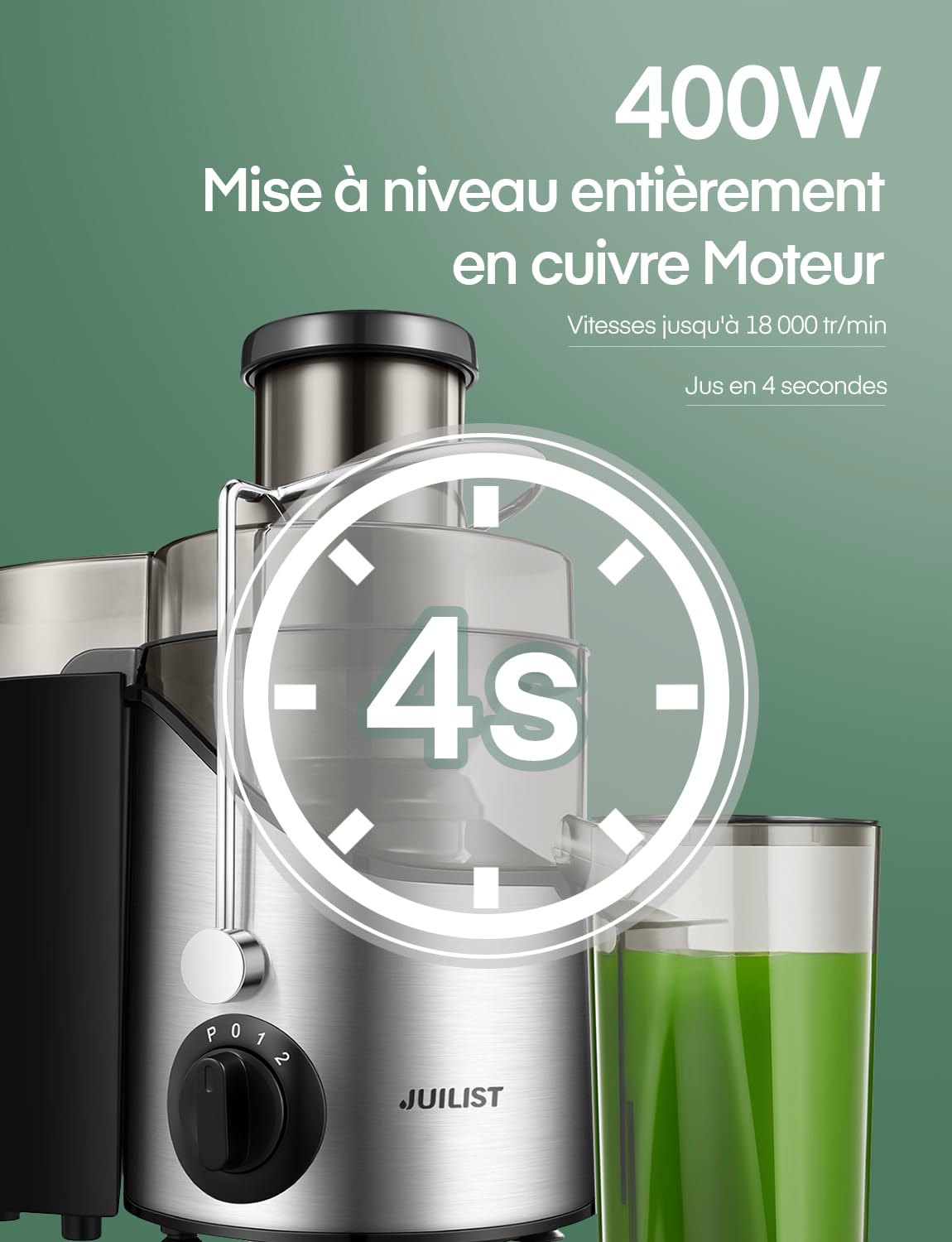 JUILIST Centrifugeuse Extracteur de Jus, pour fruits et Légumes, Goulotte d'Alimentation 65 mm, 3 Réglages, Avec Brosse de Nettoyage, Facile à Nettoyer, Sans BPA