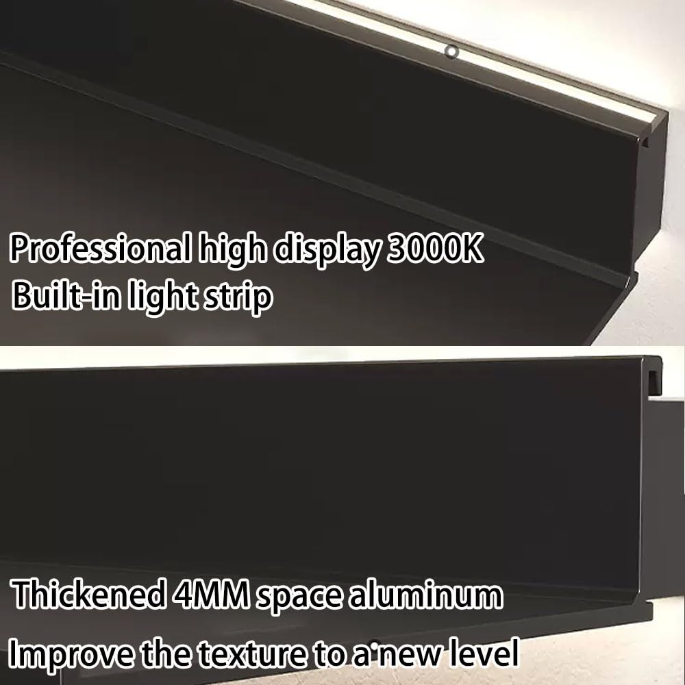 Podświetlane czarne pływające półki ścienne, wytrzymały metalowy regał ekspozycyjny, 61 cm, wisząca półka do dekoracji salonu, zestaw 1 stylowych rozwiązań do przechowywania książek