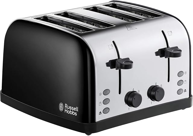 Russell Hobbs 28360 Stainless Steel Toaster, 4 Slice with Variable Browning Settings and Removable Crumb Trays, Black