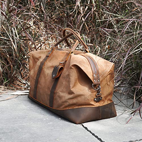 Polare 23” Waterproof Travel Duffel Bag Waxed Canvas Cowhide Leather Trim Luggage Weekender Overnight Carry on Bag Brown
