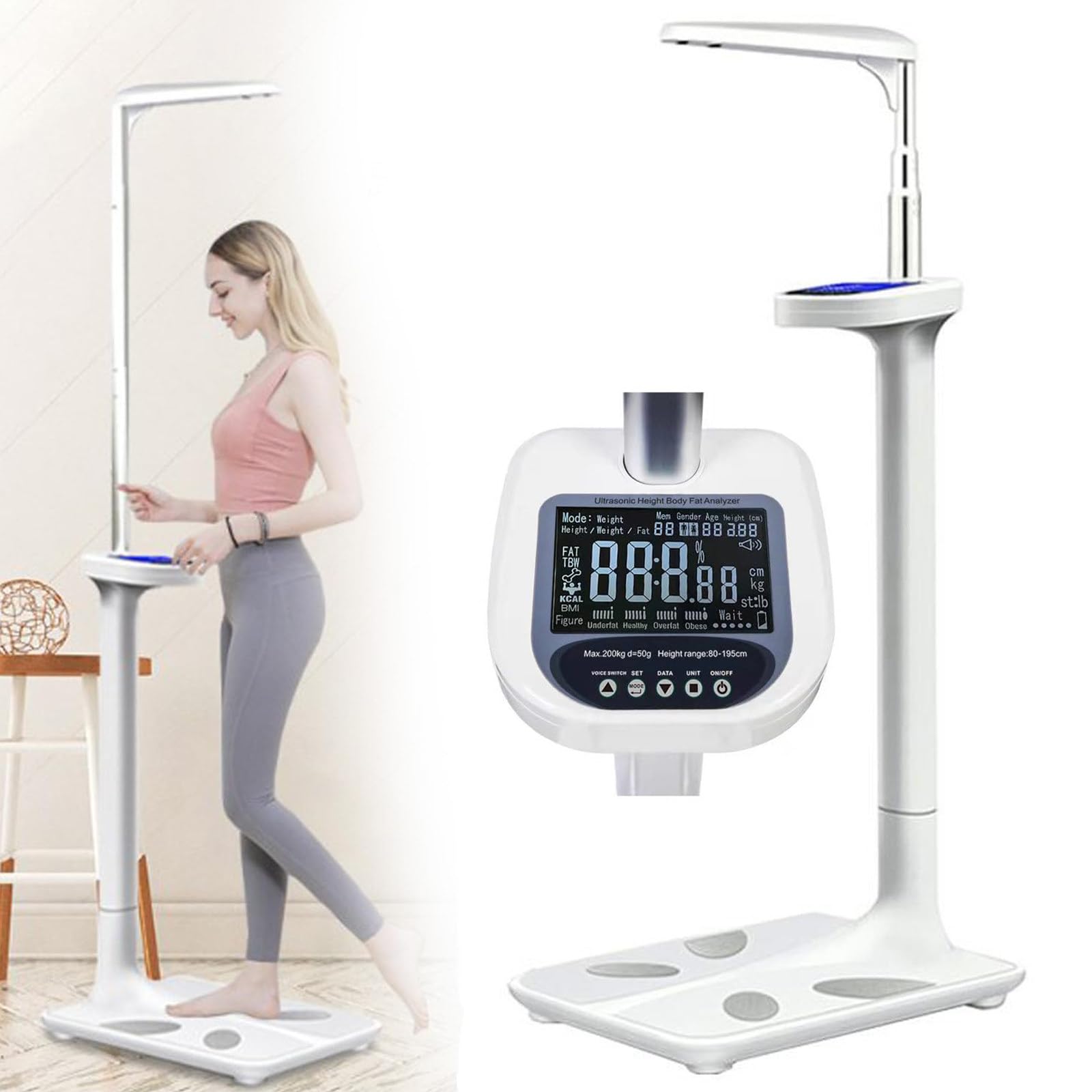 Profesjonalna wielofunkcyjna waga medyczna o pojemności 200 kg (440 funtów) z wyświetlaczem LCD do pomiaru wagi, wzrostu, wskaźnika masy ciała i BMI