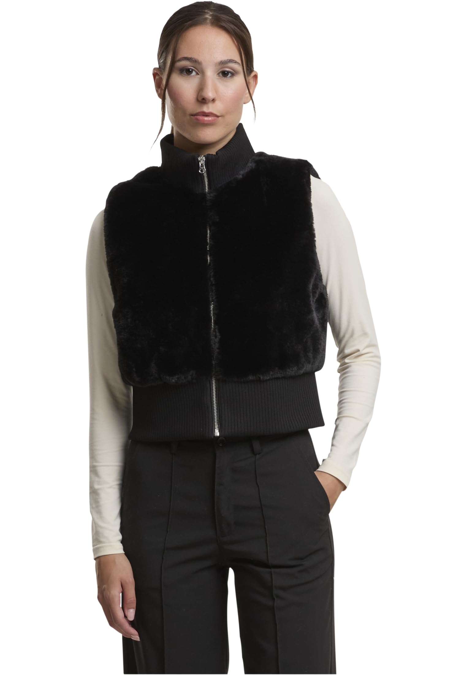 Urban Classics Women's Noir Cropped Faux Fur Sleeveless Jacket For